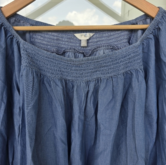 Terra Sky Chambray Blouse 2X Plus Blue Off-Shoulder Women FlareSleeve Embroidery - Picture 9 of 12
